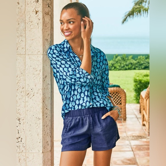 Lilly Pulitzer Sea View 100% Linen Shirt Low Tide Navy Size XS - Picture 4 of 11